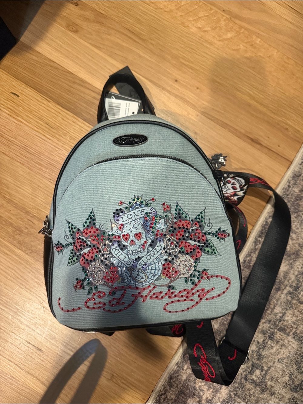 Ed Hardy Light Denim Floral Skull Mini Backpack NWT
